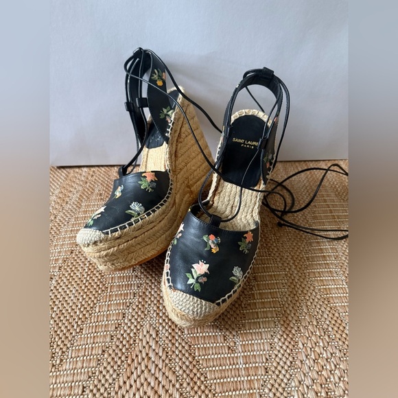 Saint Laurent YSL Black Leather Floral Espadrilles Wedge Sandals,Heels,US 6.5 - Picture 7 of 11
